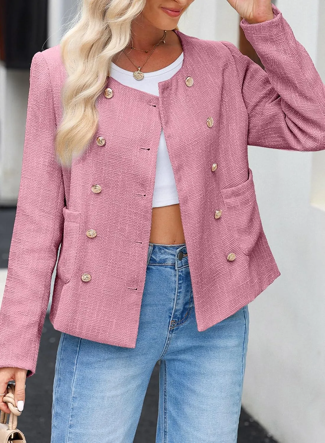Happy Sailed Womens Cropped Tweed Blazers Casual Long Sleeve Double Breasted Open Front Blazer Jackets Work Suits
