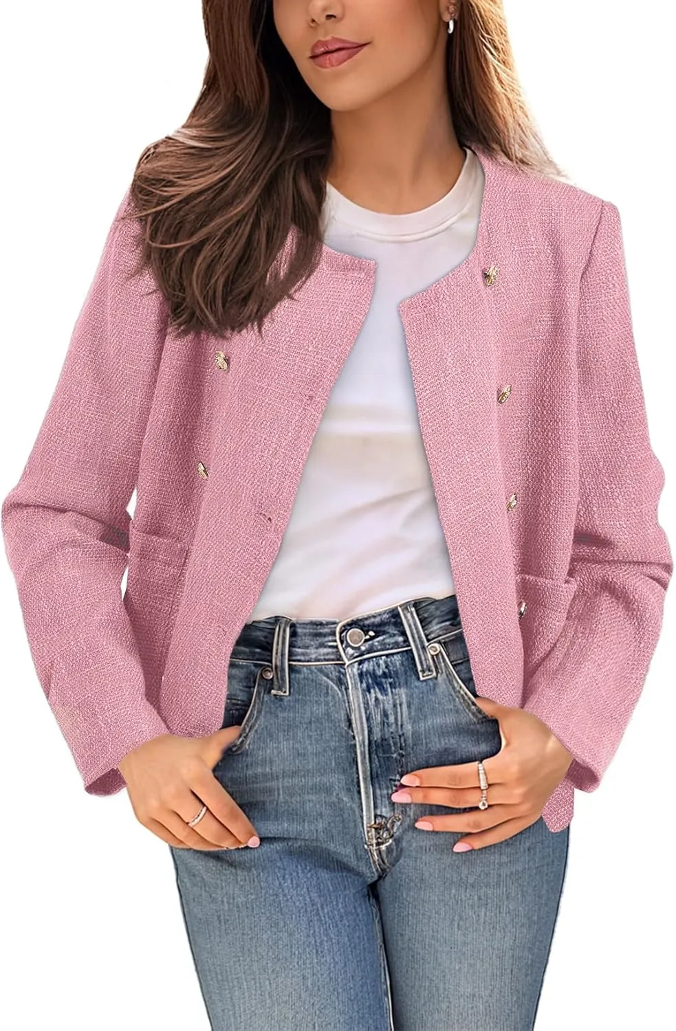 Happy Sailed Womens Cropped Tweed Blazers Casual Long Sleeve Double Breasted Open Front Blazer Jackets Work Suits