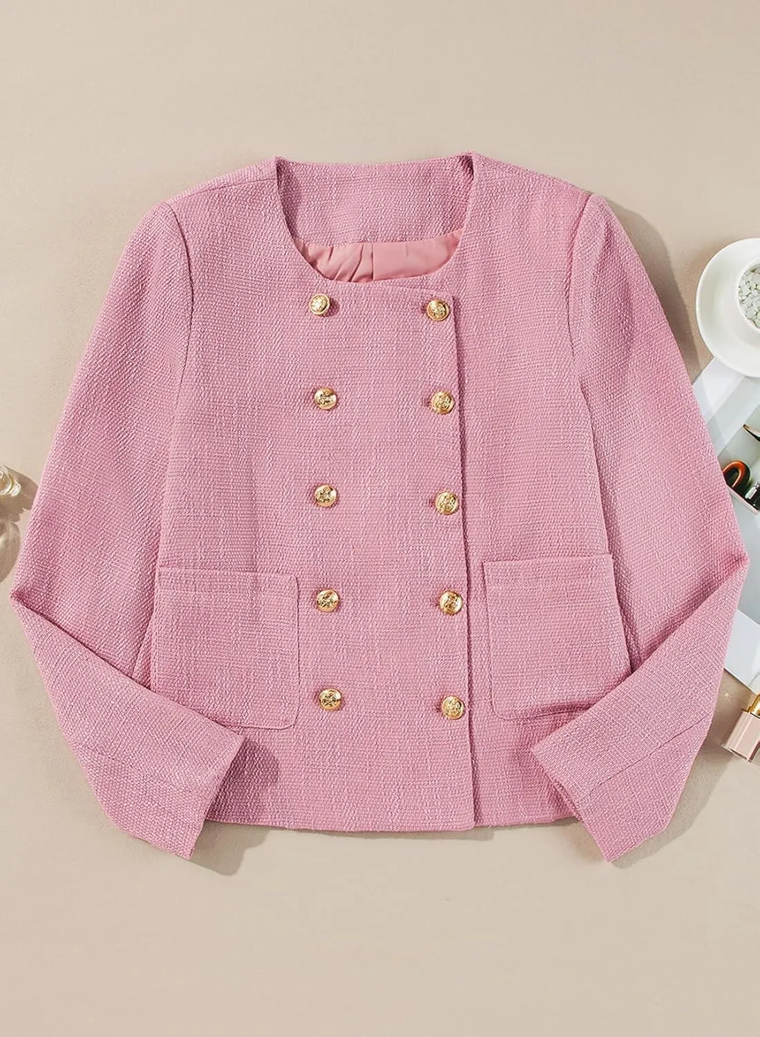 Happy Sailed Womens Cropped Tweed Blazers Casual Long Sleeve Double Breasted Open Front Blazer Jackets Work Suits