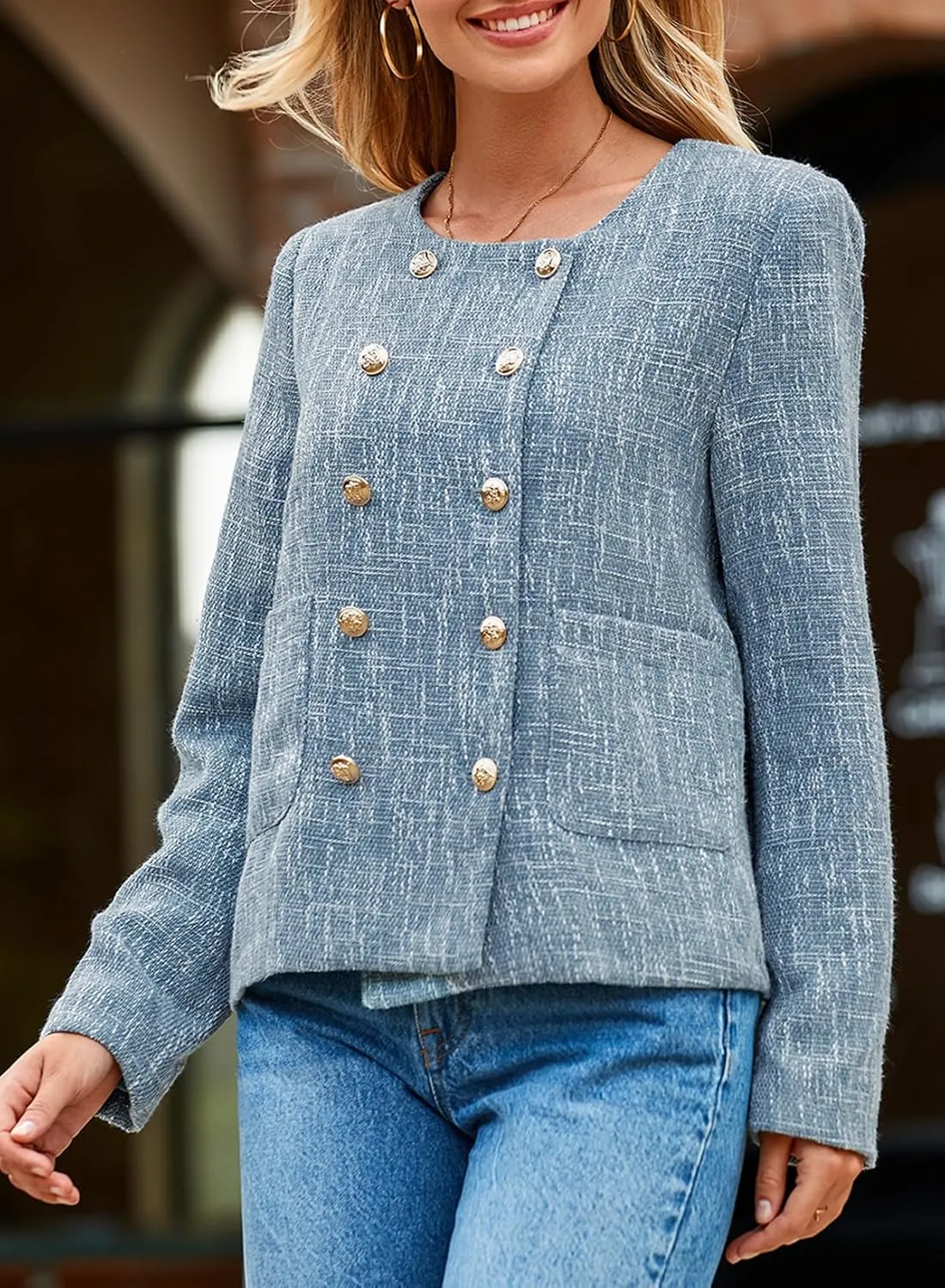 Happy Sailed Womens Cropped Tweed Blazers Casual Long Sleeve Double Breasted Open Front Blazer Jackets Work Suits
