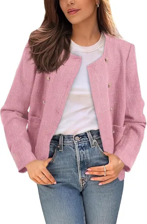 Happy Sailed Womens Cropped Tweed Blazers Casual Long Sleeve Double Breasted Open Front Blazer Jackets Work Suits