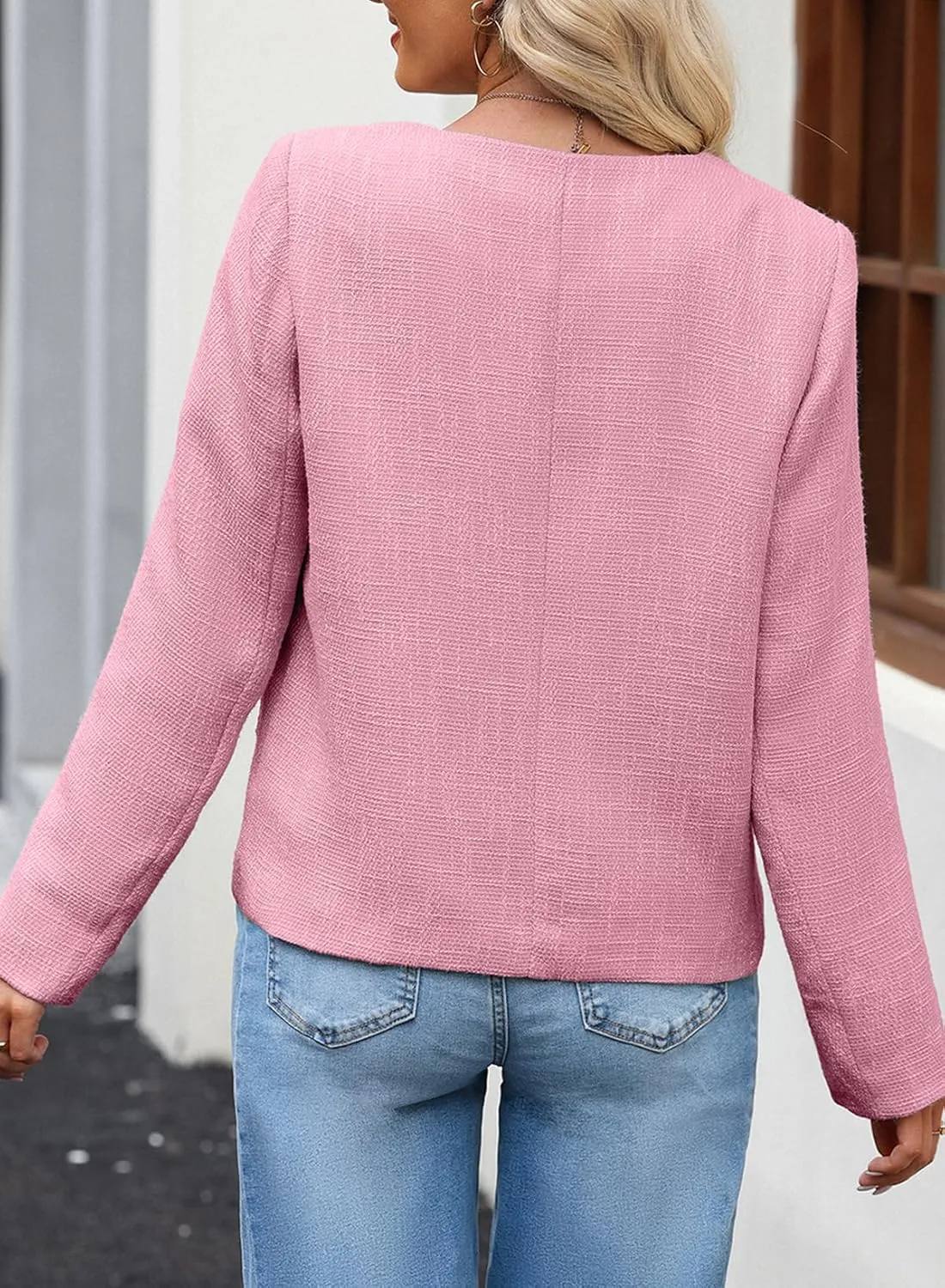 Happy Sailed Womens Cropped Tweed Blazers Casual Long Sleeve Double Breasted Open Front Blazer Jackets Work Suits