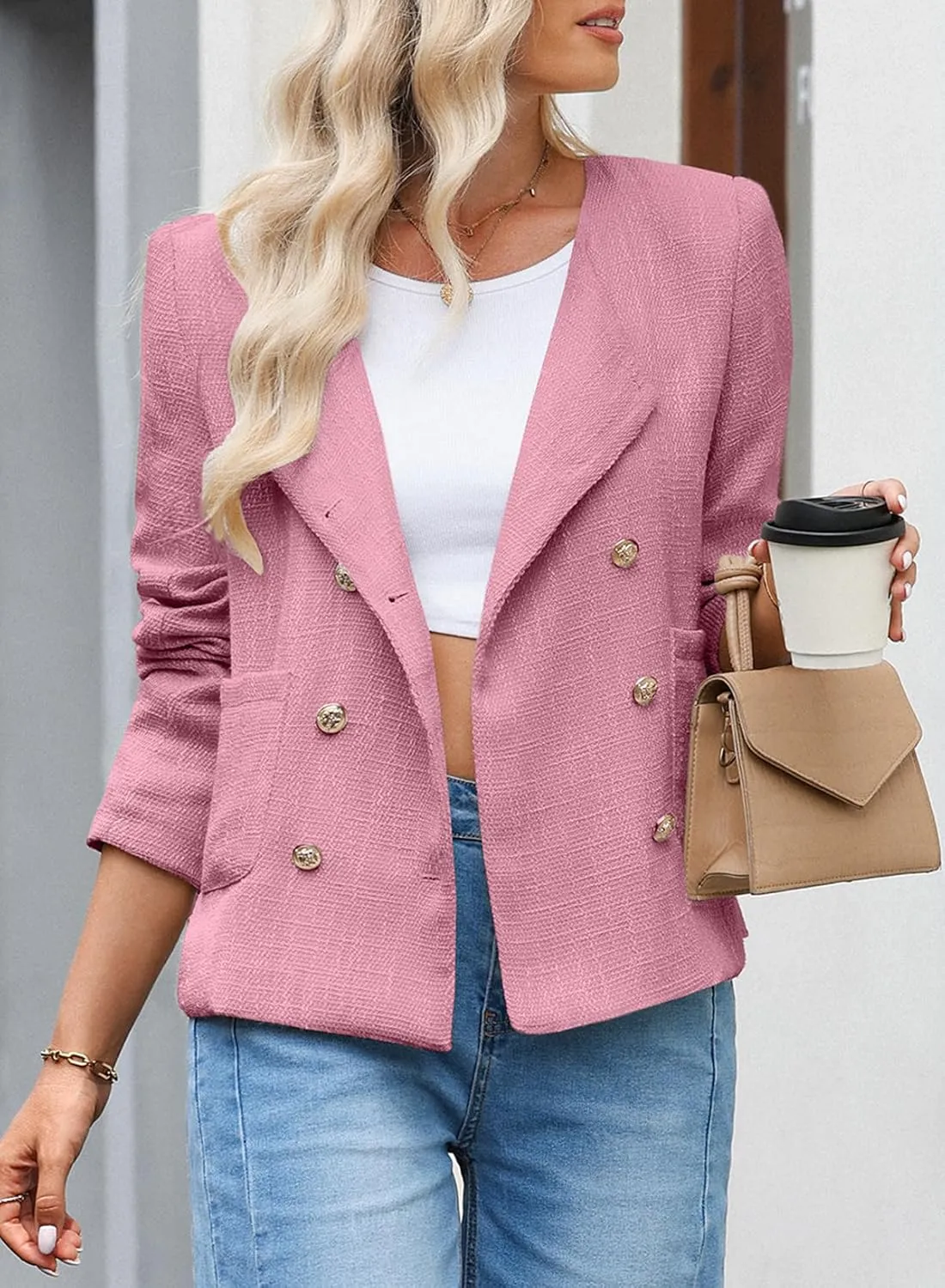 Happy Sailed Womens Cropped Tweed Blazers Casual Long Sleeve Double Breasted Open Front Blazer Jackets Work Suits