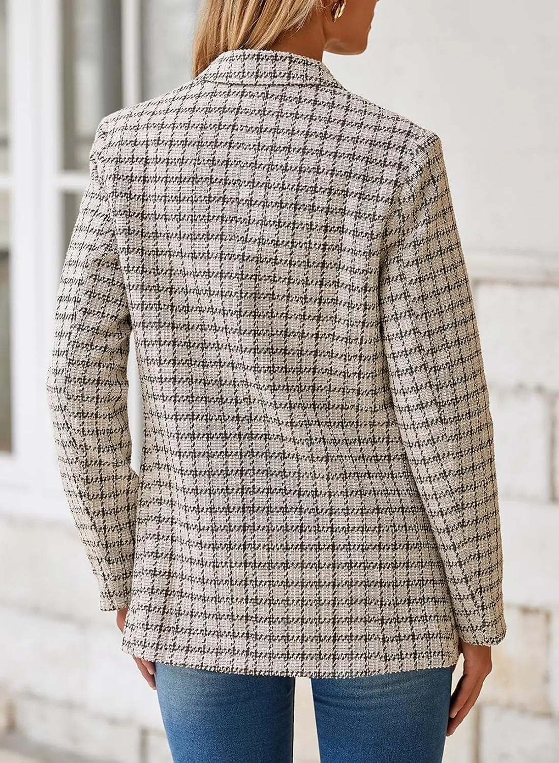Happy Sailed Womens Plaid Tweed Blazers Dressy Casual Long Sleeve Double Breasted Open Front Blazer Jackets Work Suits