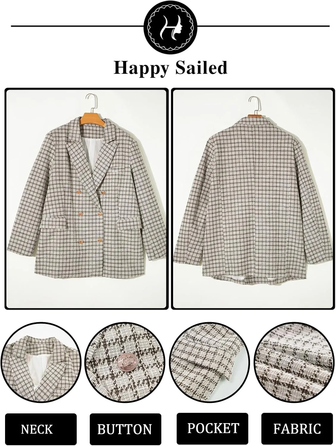 Happy Sailed Womens Plaid Tweed Blazers Dressy Casual Long Sleeve Double Breasted Open Front Blazer Jackets Work Suits
