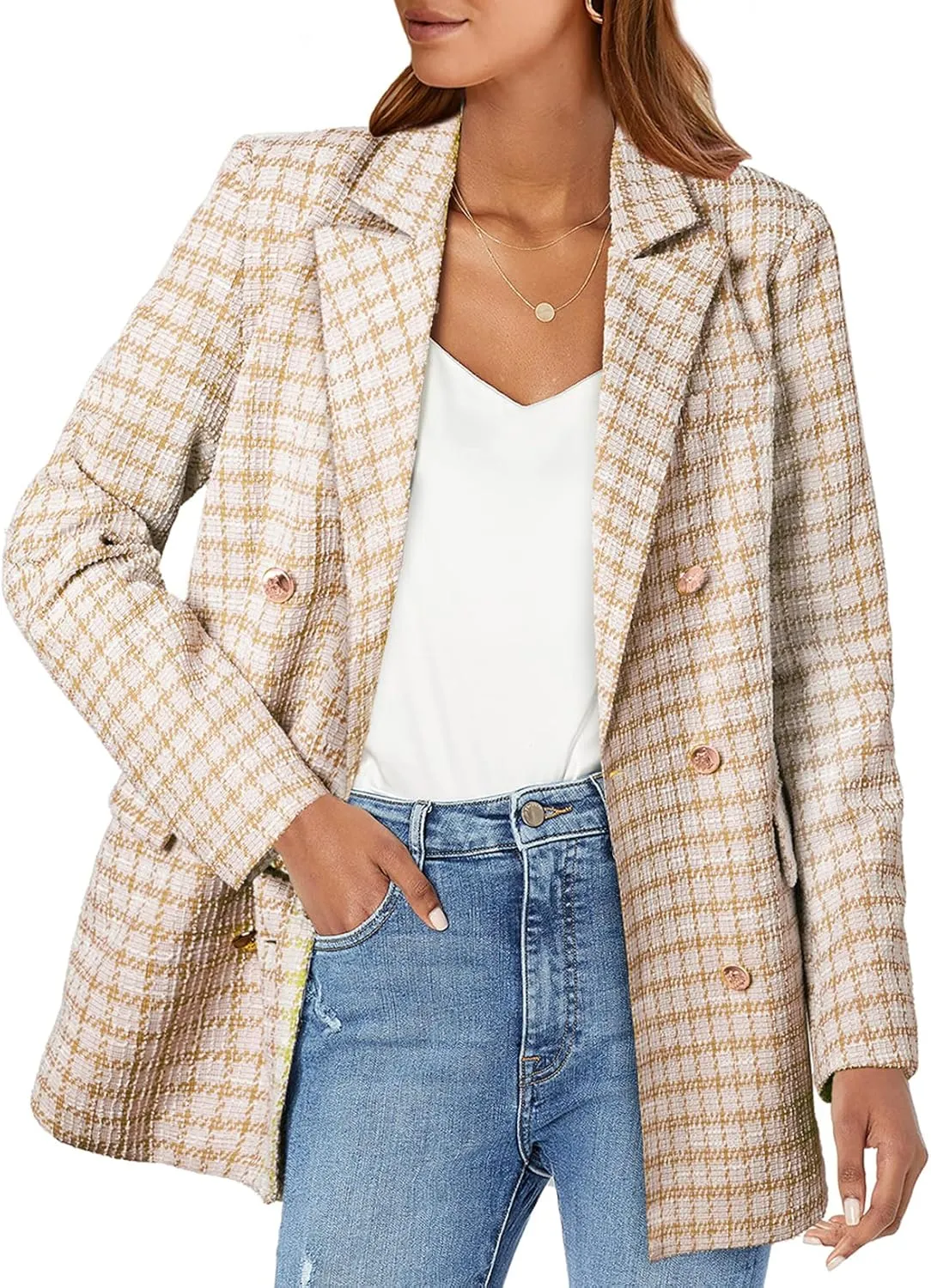 Happy Sailed Womens Plaid Tweed Blazers Dressy Casual Long Sleeve Double Breasted Open Front Blazer Jackets Work Suits