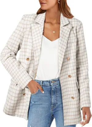 Happy Sailed Womens Plaid Tweed Blazers Dressy Casual Long Sleeve Double Breasted Open Front Blazer Jackets Work Suits