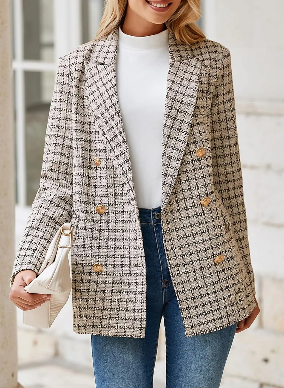 Happy Sailed Womens Plaid Tweed Blazers Dressy Casual Long Sleeve Double Breasted Open Front Blazer Jackets Work Suits