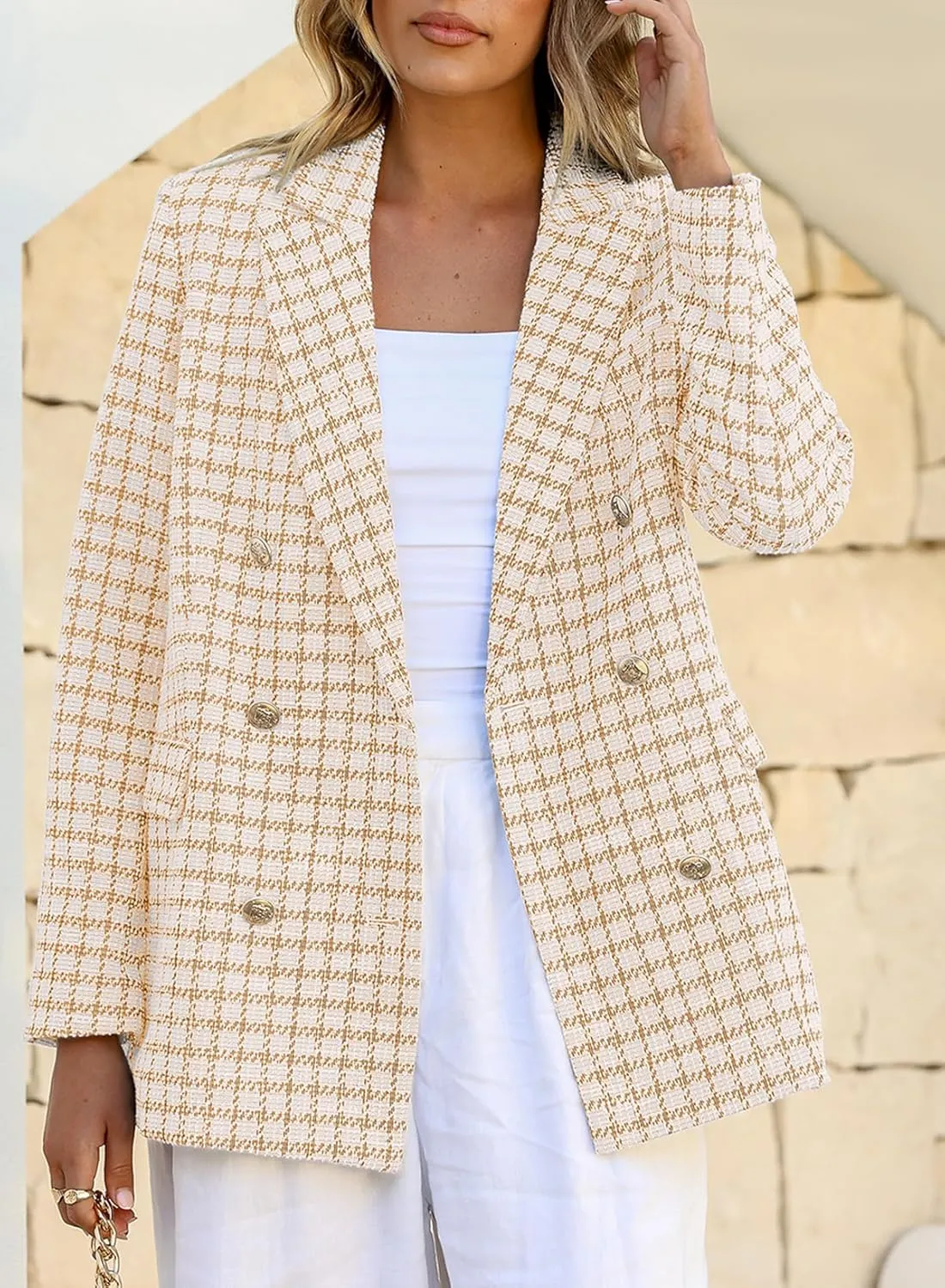 Happy Sailed Womens Plaid Tweed Blazers Dressy Casual Long Sleeve Double Breasted Open Front Blazer Jackets Work Suits