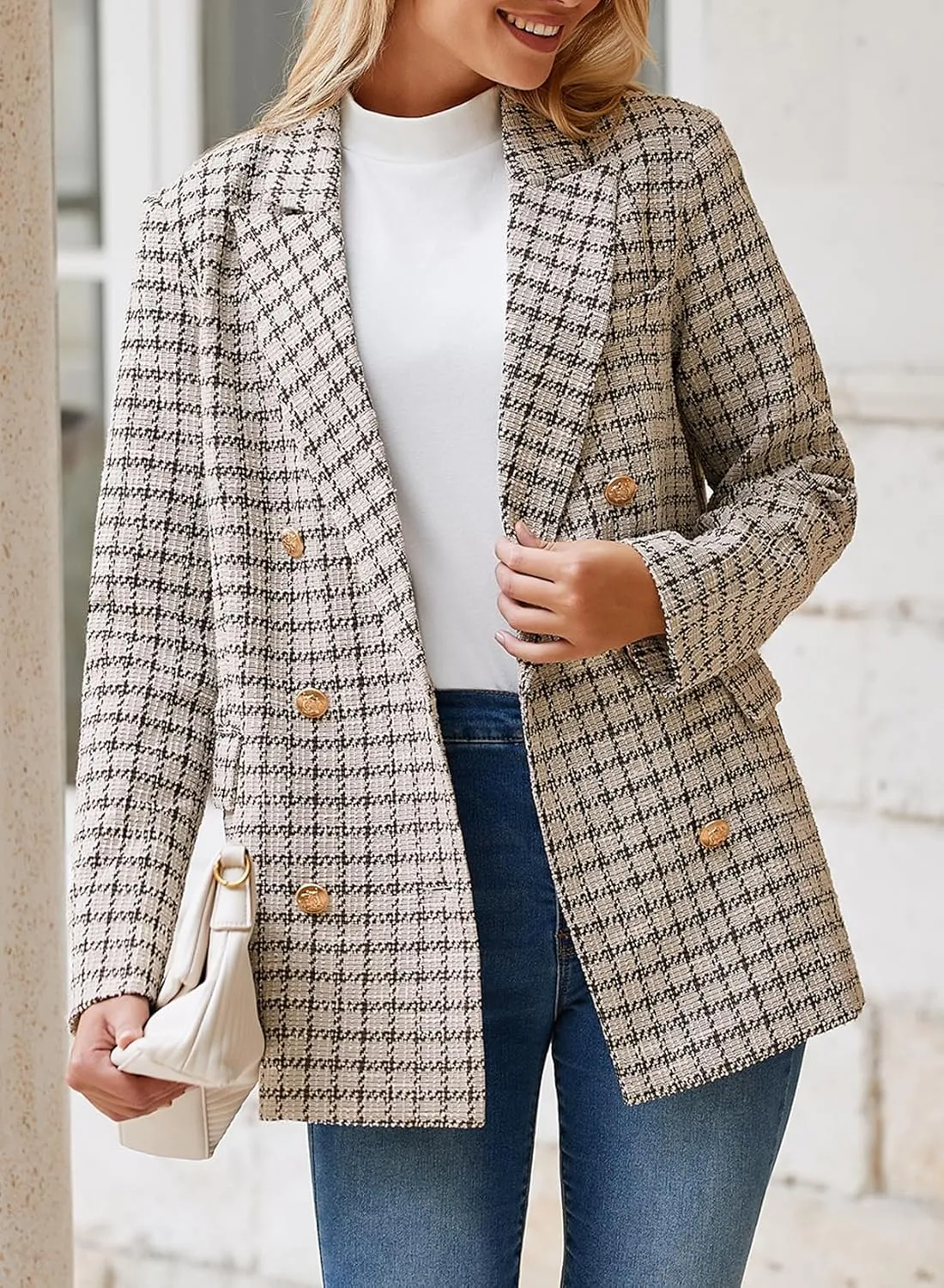 Happy Sailed Womens Plaid Tweed Blazers Dressy Casual Long Sleeve Double Breasted Open Front Blazer Jackets Work Suits