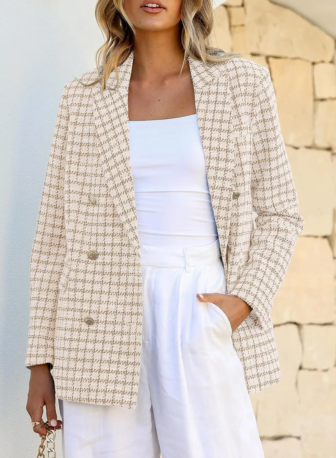 Happy Sailed Womens Plaid Tweed Blazers Dressy Casual Long Sleeve Double Breasted Open Front Blazer Jackets Work Suits