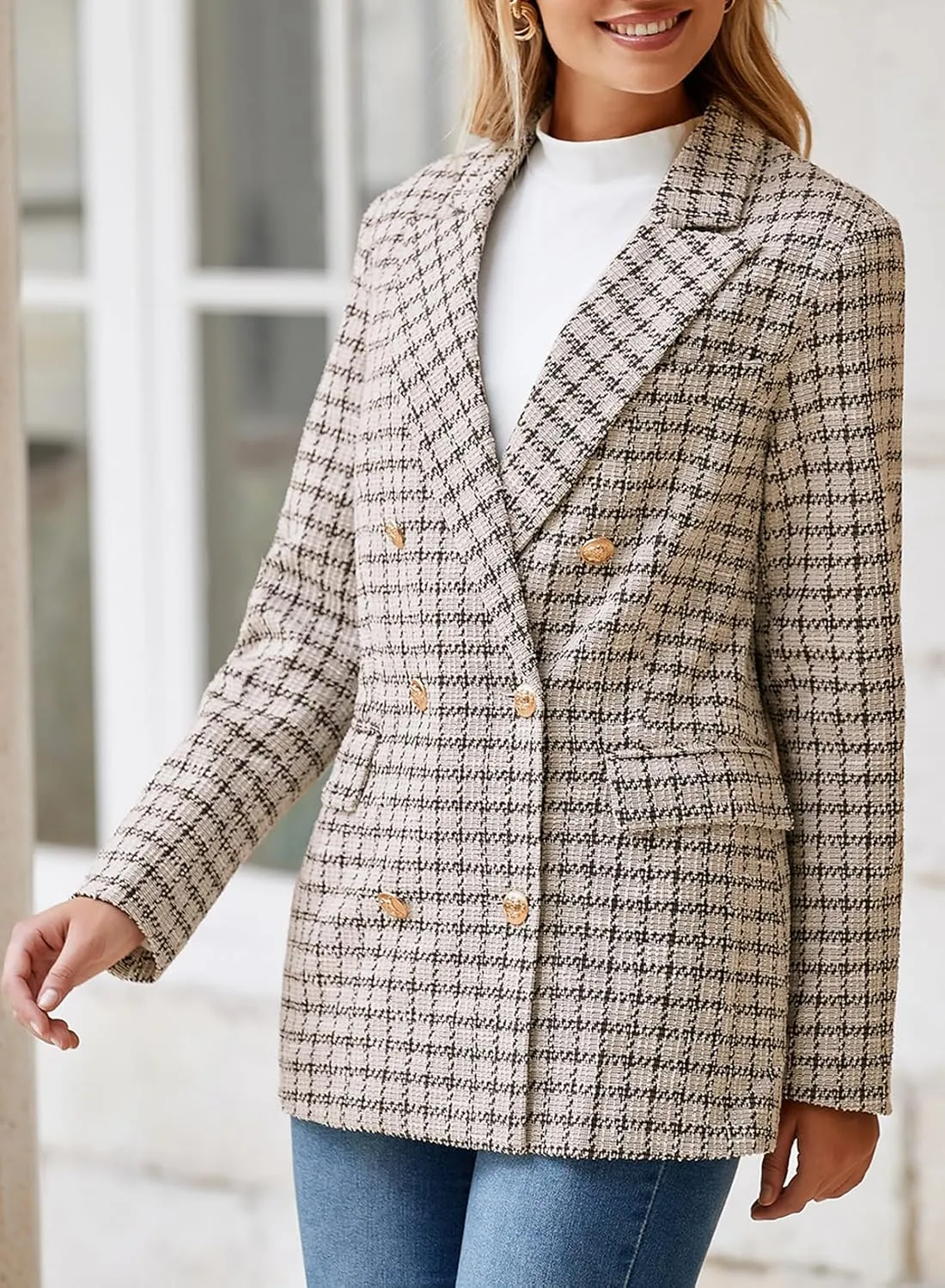 Happy Sailed Womens Plaid Tweed Blazers Dressy Casual Long Sleeve Double Breasted Open Front Blazer Jackets Work Suits