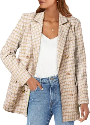 Happy Sailed Womens Plaid Tweed Blazers Dressy Casual Long Sleeve Double Breasted Open Front Blazer Jackets Work Suits