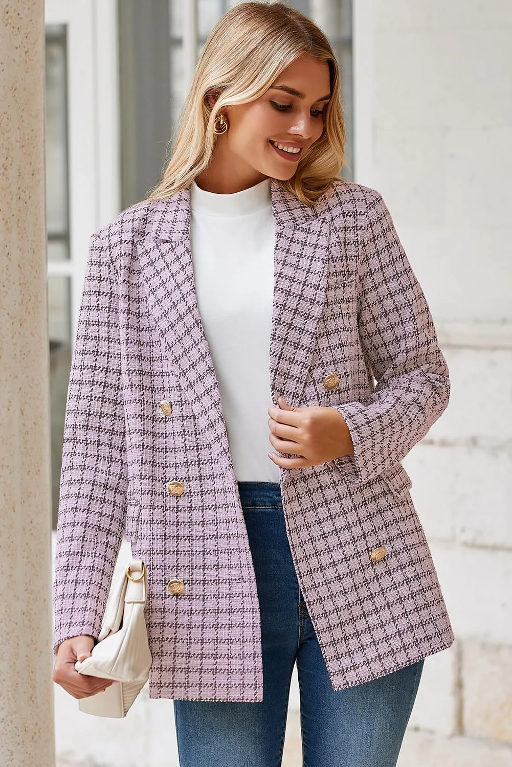 Happy Sailed Womens Plaid Tweed Blazers Dressy Casual Long Sleeve Double Breasted Open Front Blazer Jackets Work Suits