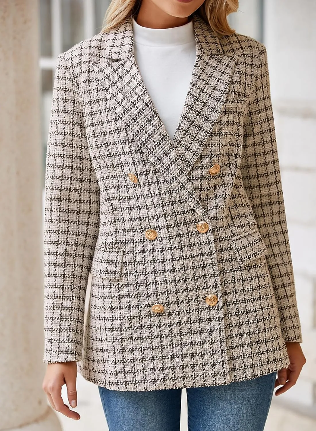 Happy Sailed Womens Plaid Tweed Blazers Dressy Casual Long Sleeve Double Breasted Open Front Blazer Jackets Work Suits