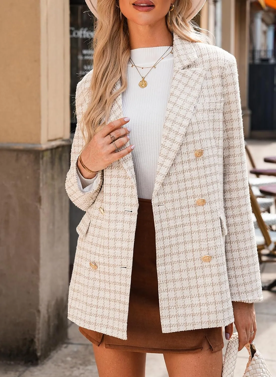Happy Sailed Womens Plaid Tweed Blazers Dressy Casual Long Sleeve Double Breasted Open Front Blazer Jackets Work Suits