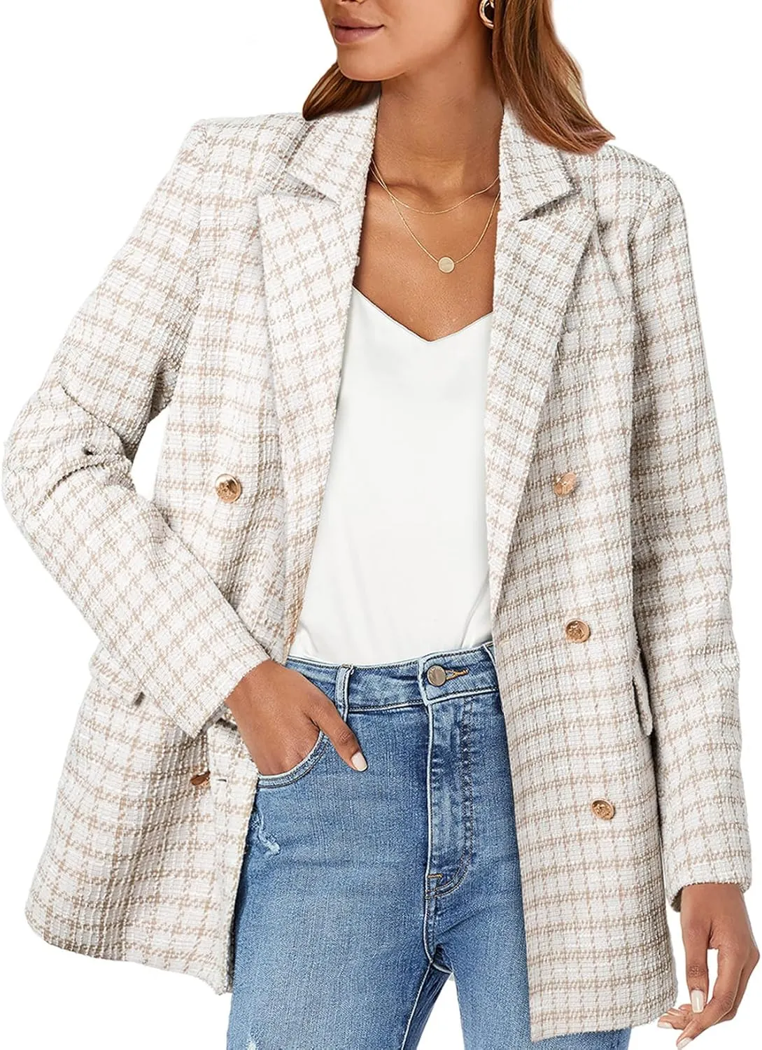 Happy Sailed Womens Plaid Tweed Blazers Dressy Casual Long Sleeve Double Breasted Open Front Blazer Jackets Work Suits