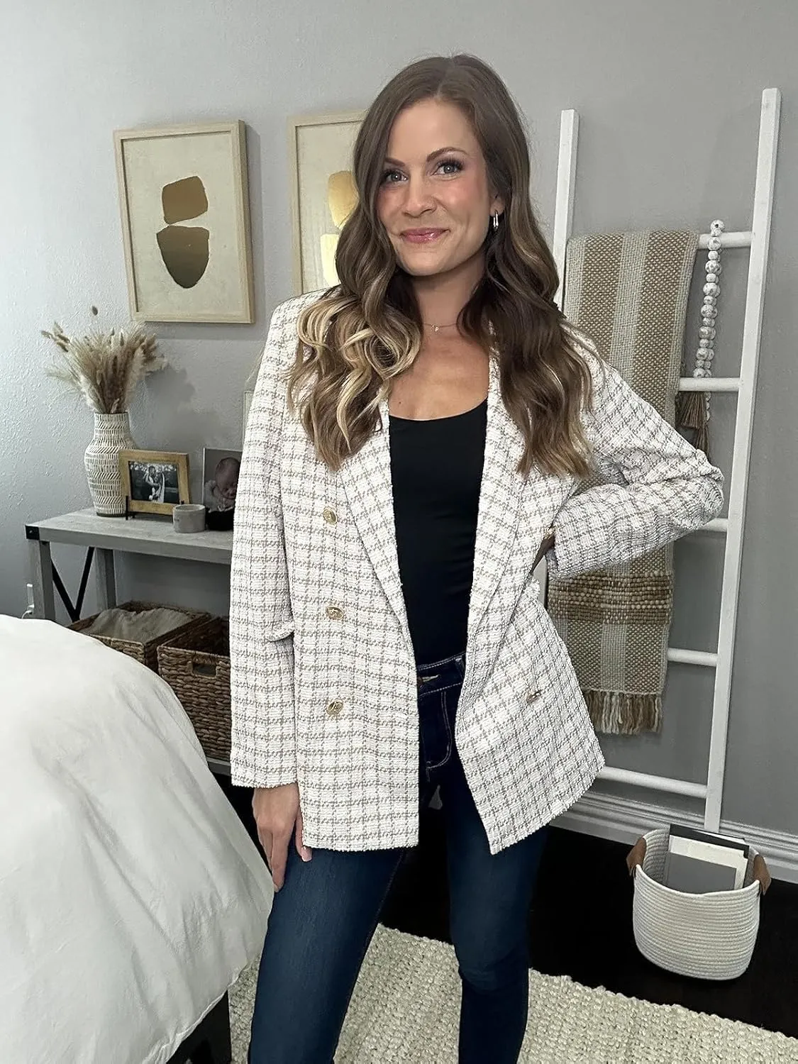 Happy Sailed Womens Plaid Tweed Blazers Dressy Casual Long Sleeve Double Breasted Open Front Blazer Jackets Work Suits