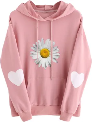 Heevina Hoodie Women Hoodies For Women Daisy Heart Flower Sunflower Printed Hooded Pockets Pullover Sweatshirts Top