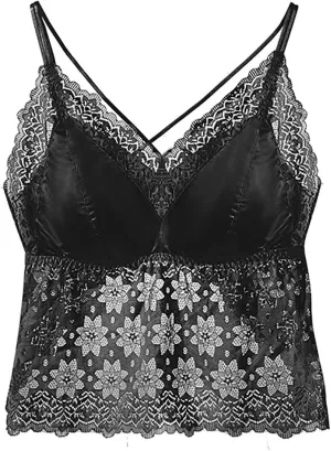 HGps8w Sexy Lace Camisole for Women with Detachable Built in Bra V Neck Spaghetti Strap Wireless Bralette Crop Tank Tops