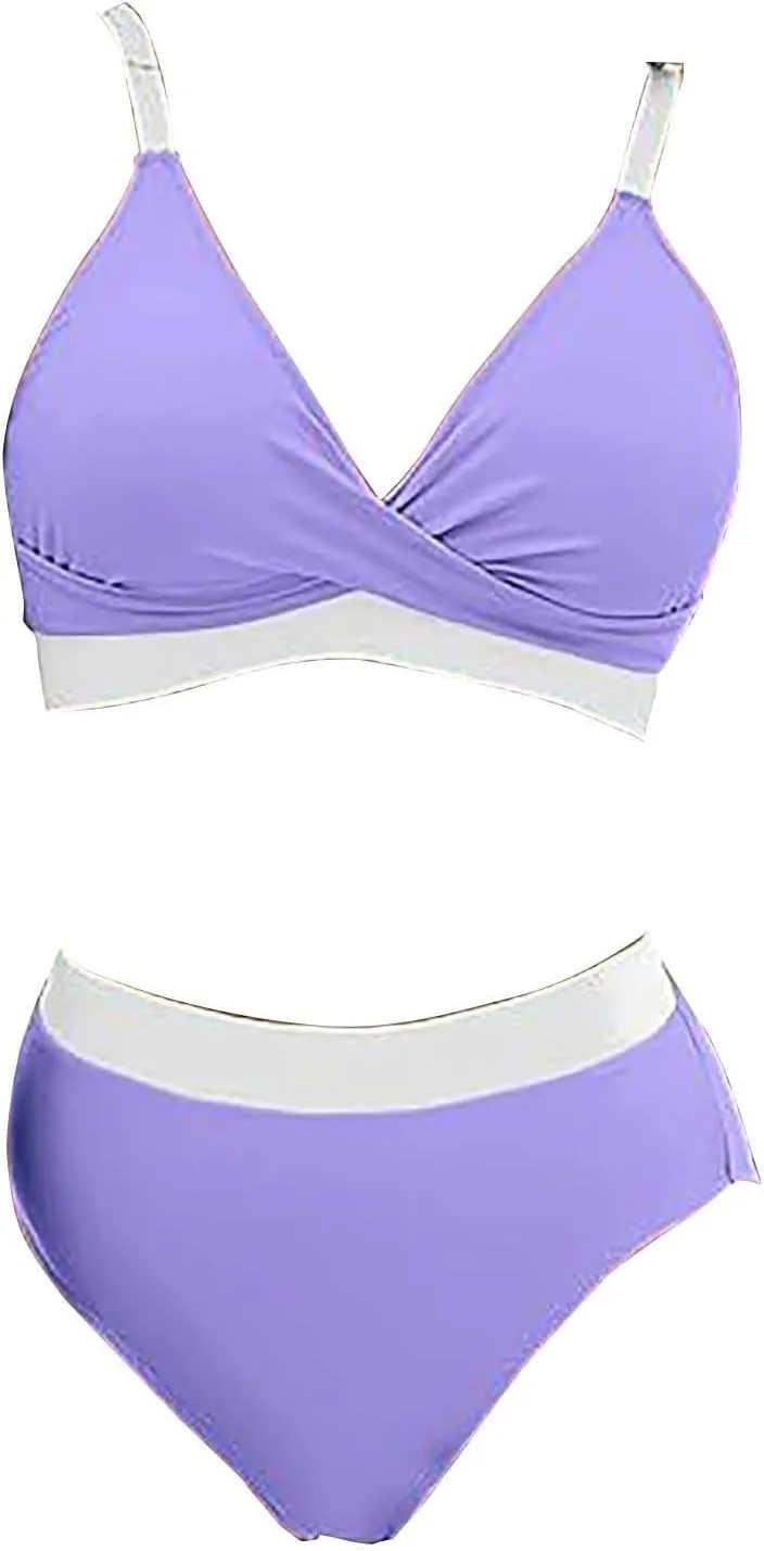 High Waisted Bikini Set for Women Tummy Control Women's 2 Piece Bathing Suit V Neck Sexy Color Block Swimsuit 2025