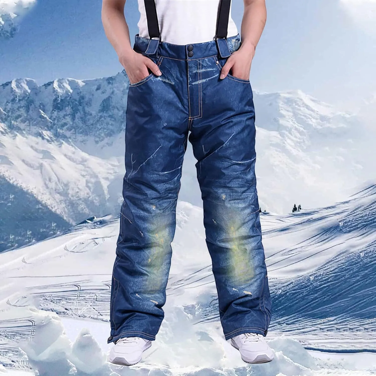 hlysgo Mens Snow Jeans Overalls Ski Pants Windproof Waterproof Warm Snowboarding Bib Jumpsuit Insulated Pants for Hiking