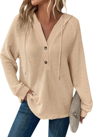 Hoodies for Women Waffle Knit Drawstring Button V Neck Long Sleeve Casual Pullover Sweatshirt Hooded Tops Oversized