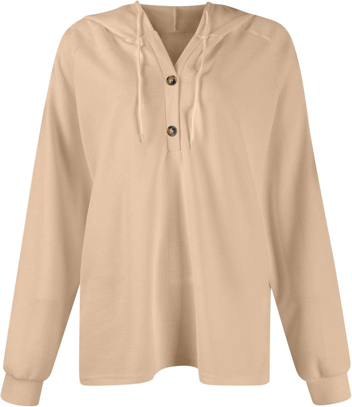 Hoodies for Women Waffle Knit Drawstring Button V Neck Long Sleeve Casual Pullover Sweatshirt Hooded Tops Oversized