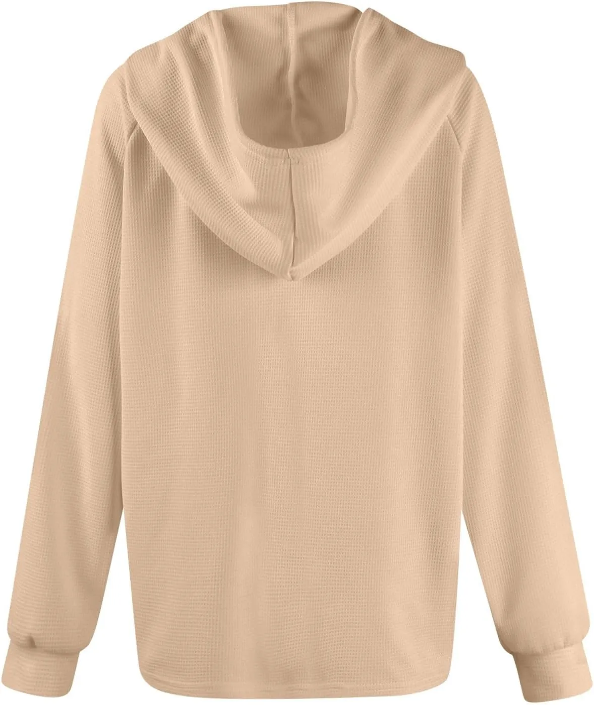 Hoodies for Women Waffle Knit Drawstring Button V Neck Long Sleeve Casual Pullover Sweatshirt Hooded Tops Oversized
