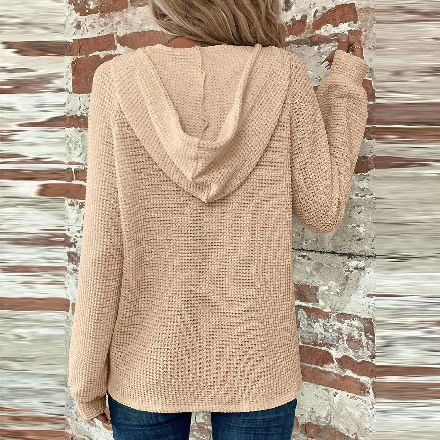 Hoodies for Women Waffle Knit Drawstring Button V Neck Long Sleeve Casual Pullover Sweatshirt Hooded Tops Oversized