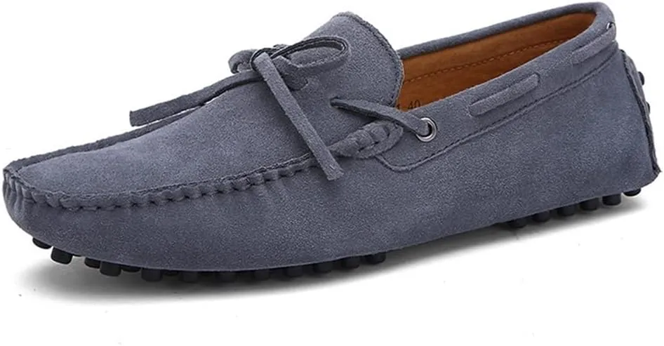 HOOENG Smoking Loafer for Men Genuine Leather Round Toe Stitching Details Suede Vamp Deck Shoes Lightweight Anti-Slip Resistant Flexible Walking Slip On (Color : Grey, Size : 7)