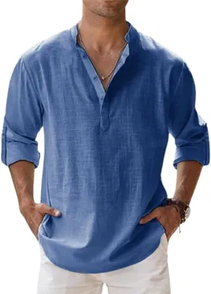HOTYD Men's Casual Henley Shirt Long Sleeve Stand Collar Shirts Loose Fit Solid Color Cotton Linen Beach Tops