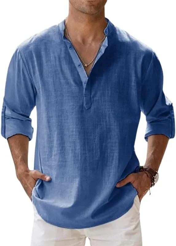 HOTYD Men's Casual Henley Shirt Long Sleeve Stand Collar Shirts Loose Fit Solid Color Cotton Linen Beach Tops