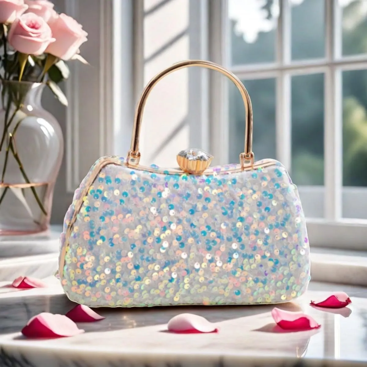 IAMUHI Small Sequins Clutch Purse Top Handle Evening Handbag Mini Square Shoulder Crossbody Bag