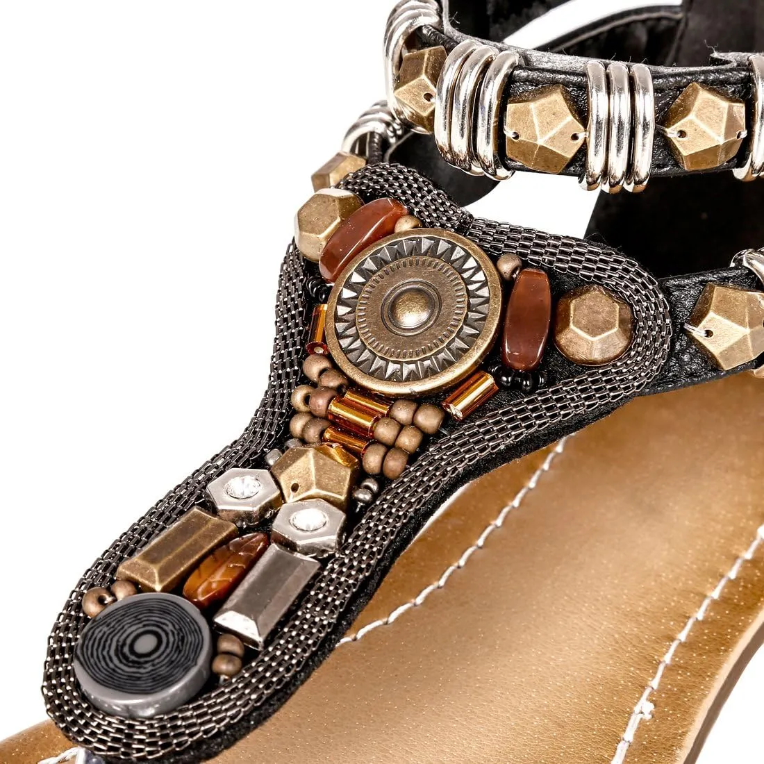 iCKER Women Rhinestone Sandals T-Strap Buckle Bohemian Pearl Crystal Flat Sandals