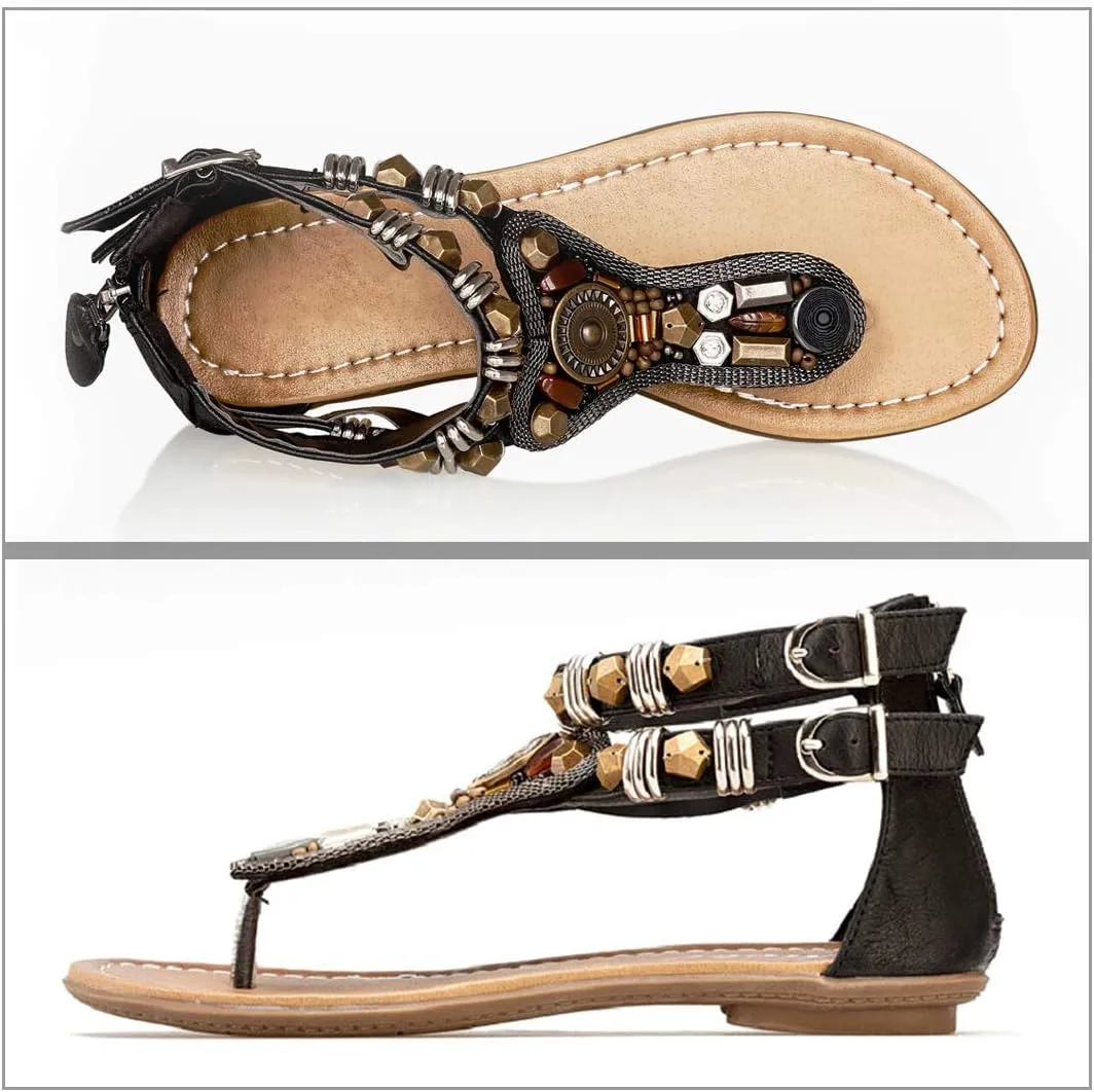iCKER Women Rhinestone Sandals T-Strap Buckle Bohemian Pearl Crystal Flat Sandals