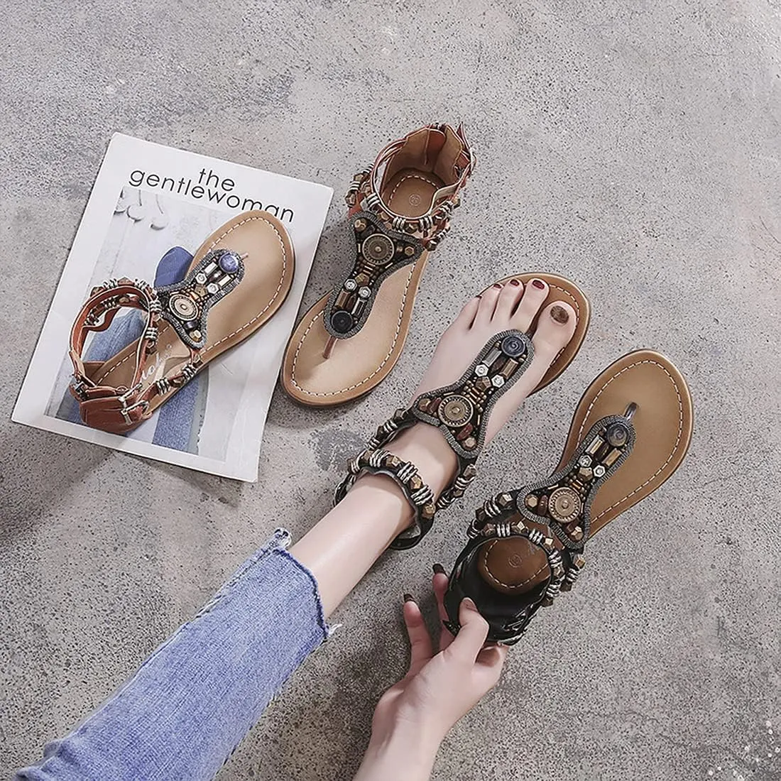 iCKER Women Rhinestone Sandals T-Strap Buckle Bohemian Pearl Crystal Flat Sandals