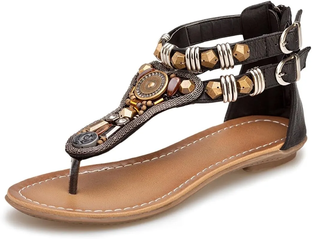 iCKER Women Rhinestone Sandals T-Strap Buckle Bohemian Pearl Crystal Flat Sandals