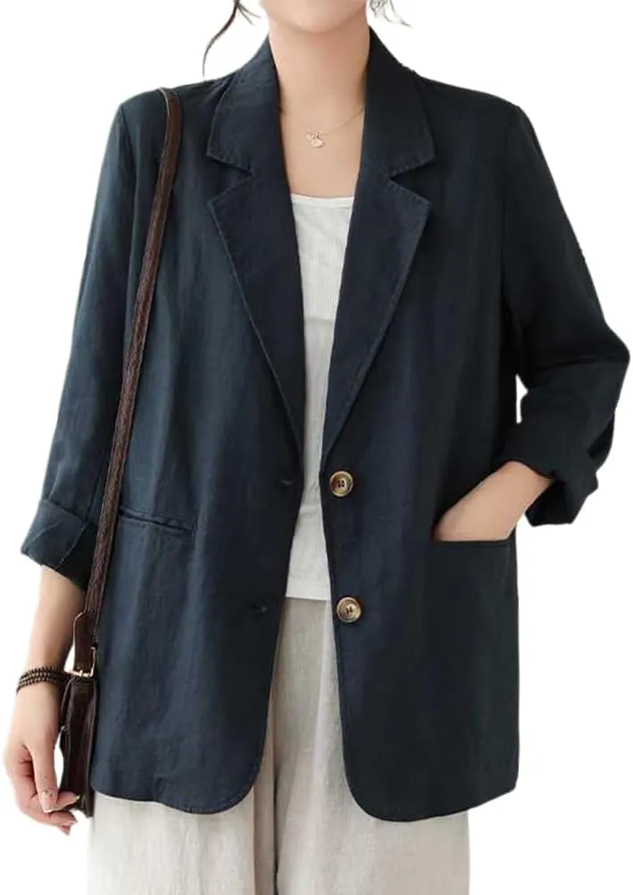 IDEALSANXUN Cotton Linen Blazer for Women Spring Summer Long Sleeve Lightweight Business Casual Jackets Tops