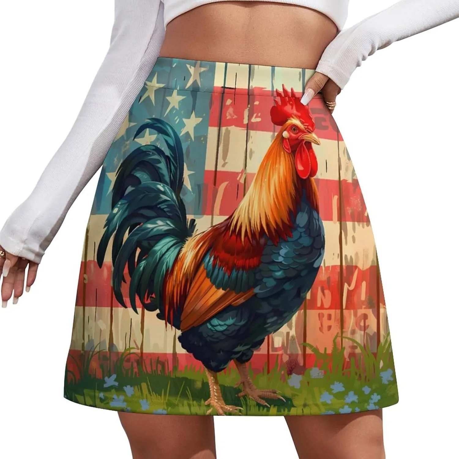 Independence Day U.S. Flag Rooster Women's Short Skirt Summer Casual Mini Skorts High Waisted Skirts Stretchy