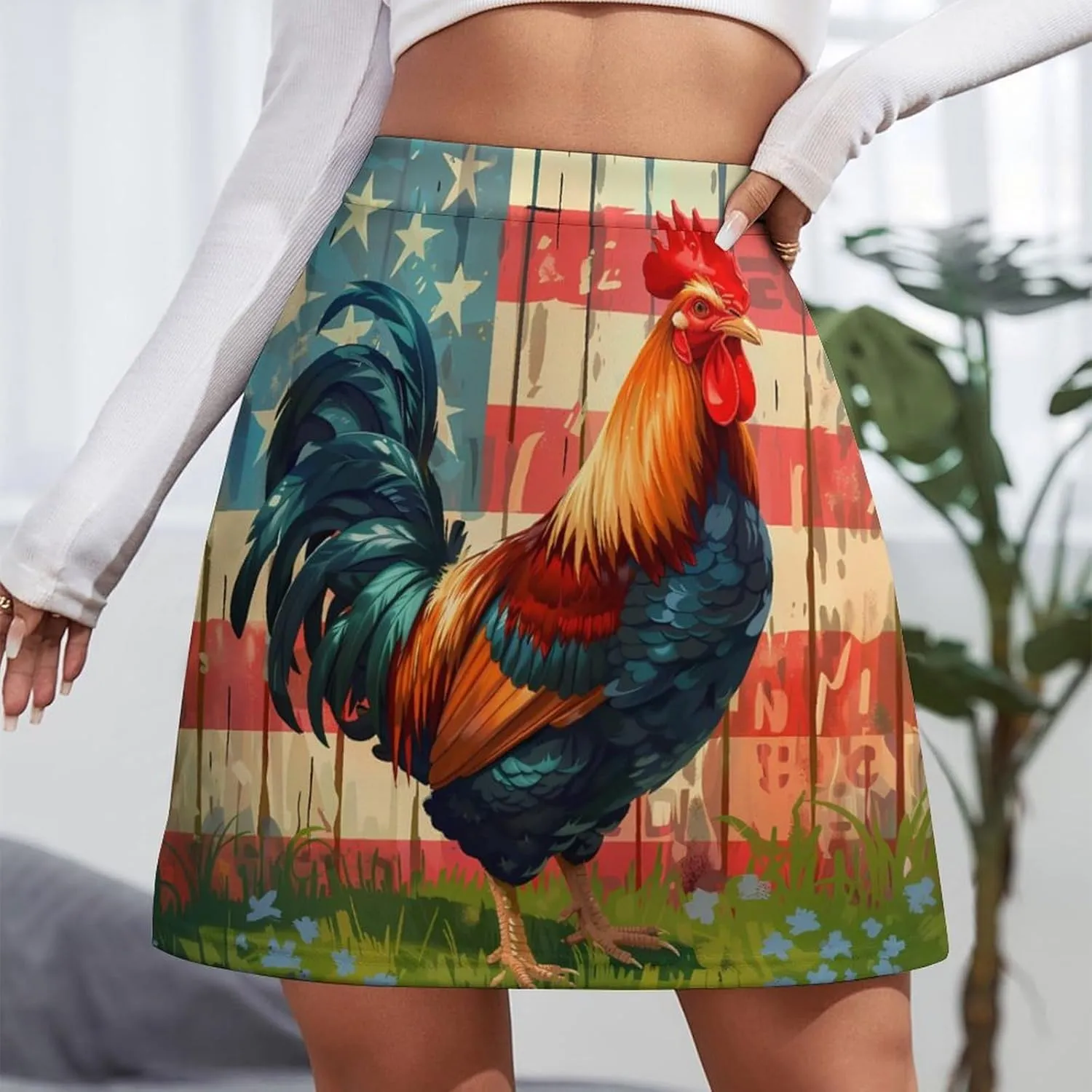 Independence Day U.S. Flag Rooster Women's Short Skirt Summer Casual Mini Skorts High Waisted Skirts Stretchy