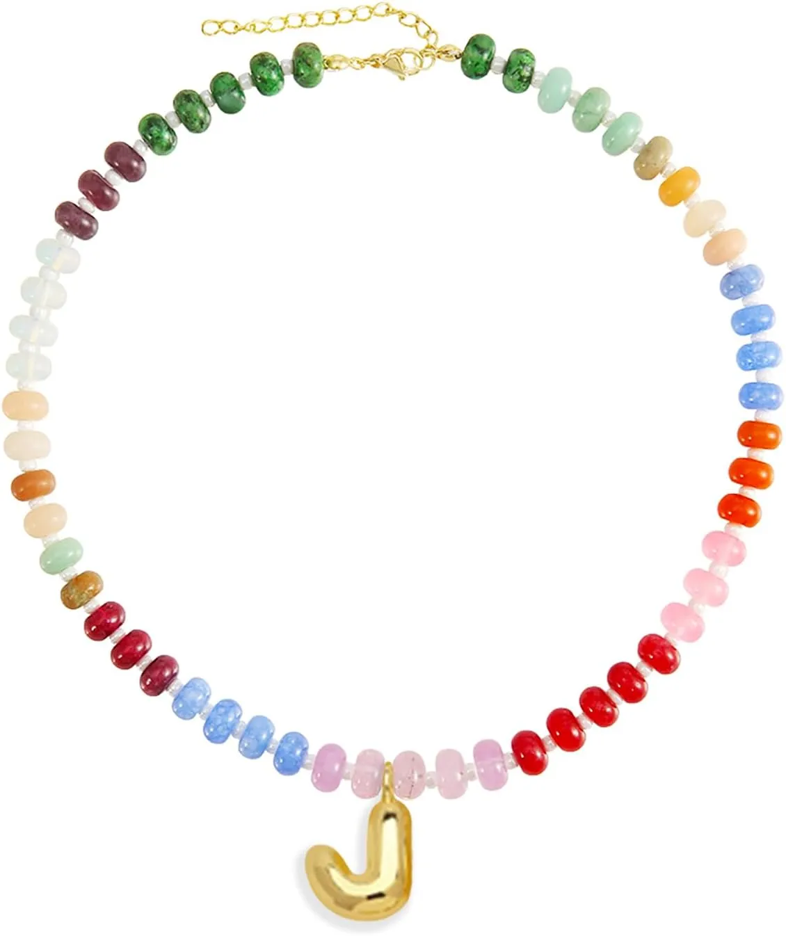 J&C DIY IMAGE Bubble Letter Pendant Charm Necklace for Womens, Handmade Trendy Initial Necklaces Choker,14K Gold Colorful Natural Stone Beaded Necklace, Perfect Christmas Jewelry Gift for Lover.