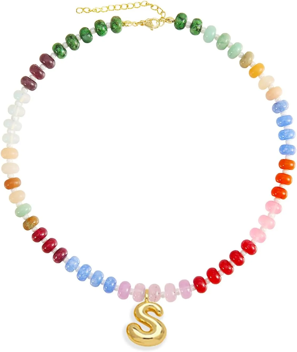 J&C DIY IMAGE Bubble Letter Pendant Charm Necklace for Womens, Handmade Trendy Initial Necklaces Choker,14K Gold Colorful Natural Stone Beaded Necklace, Perfect Christmas Jewelry Gift for Lover.
