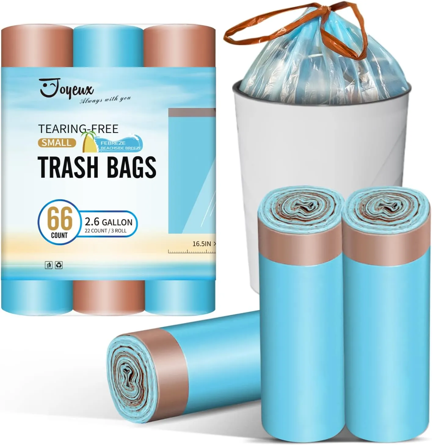 JOYEUX 2.6 Gallon Small Trash Bags, No-Tearing Drawstring Mini Garbage Bags for Bathroom Kitchen, Beachside Breeze Scent, 66 Count