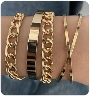 Jumwrit Golden Chain Bracelets Set Curb Link Chain Bracelets Dainty Cuff Bangle Bracelets for Women Open Wrist Cuffs Stackable Bracelets