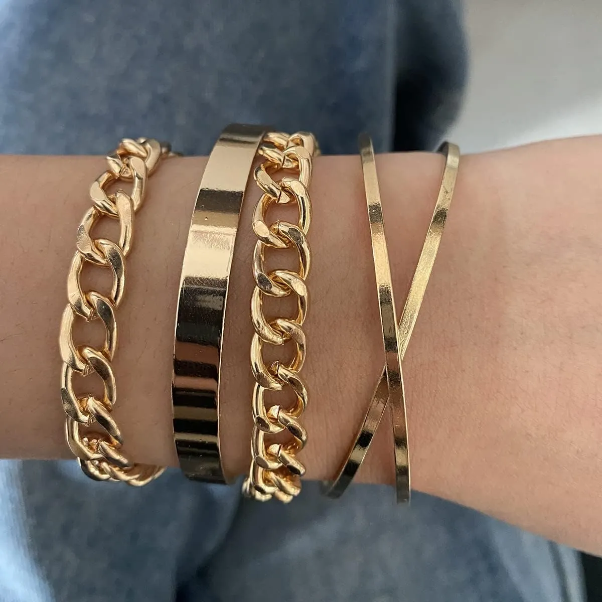 Jumwrit Golden Chain Bracelets Set Curb Link Chain Bracelets Dainty Cuff Bangle Bracelets for Women Open Wrist Cuffs Stackable Bracelets