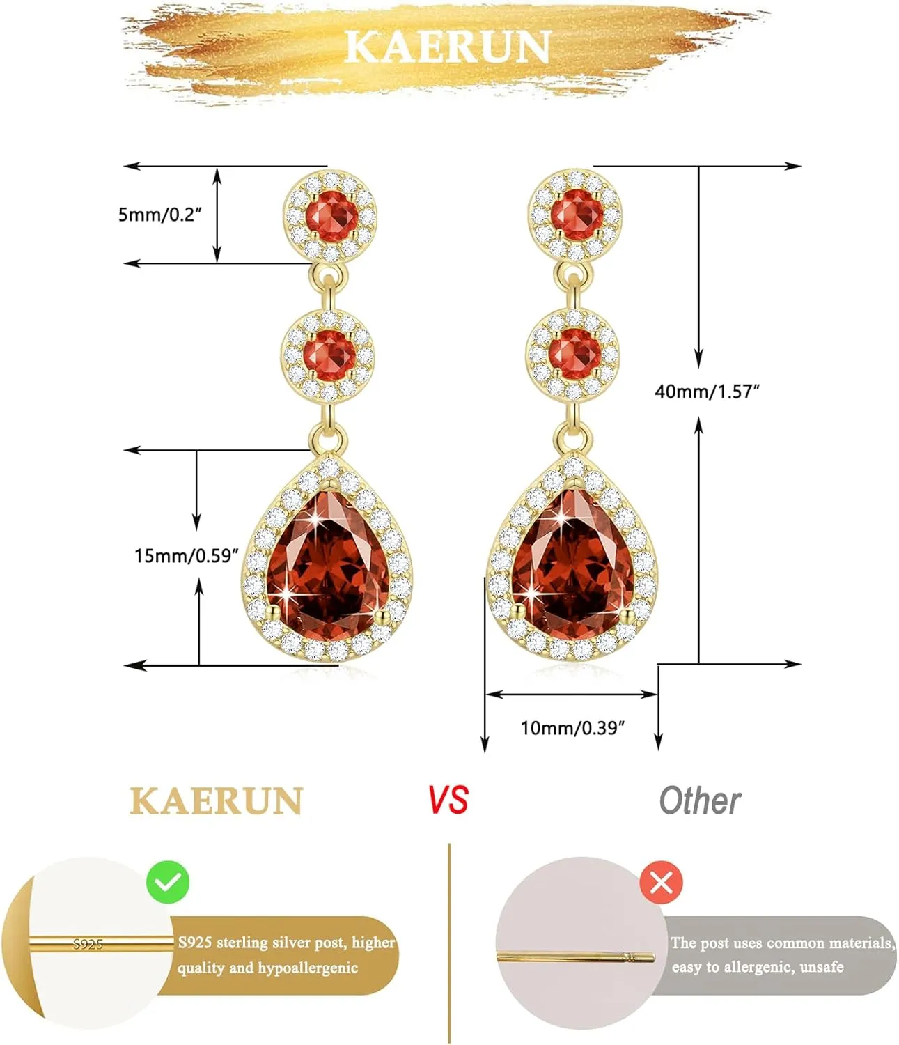 KAERUN Diamond Dangle Earrings for Women 14K Gold Plated Emerald Rhinestone Drop Earrings Red Crystal Chandelier Earrings Sapphire Cubic Zirconia Teardrop Earrings Gifts for Women Jewelry
