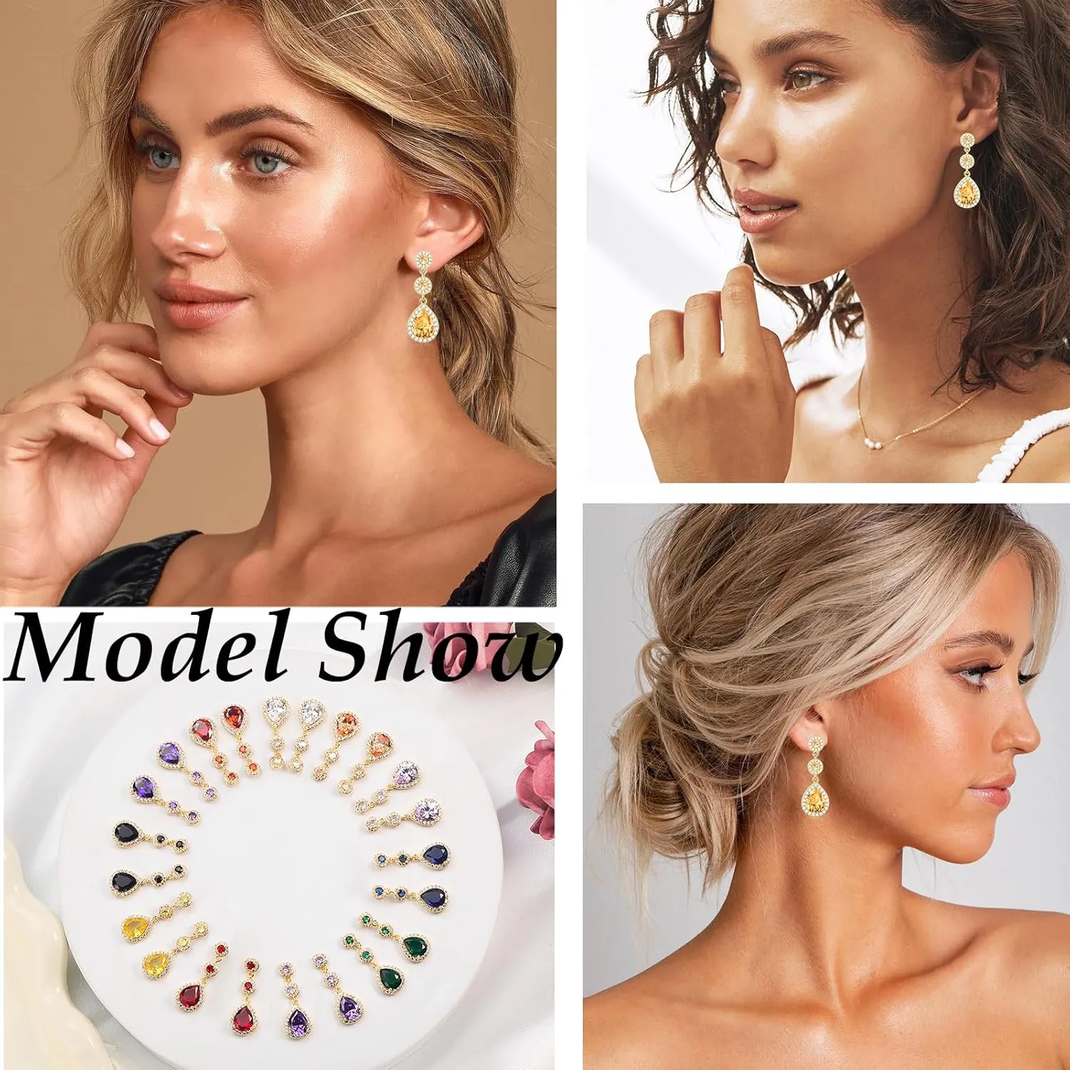 KAERUN Diamond Dangle Earrings for Women 14K Gold Plated Emerald Rhinestone Drop Earrings Red Crystal Chandelier Earrings Sapphire Cubic Zirconia Teardrop Earrings Gifts for Women Jewelry