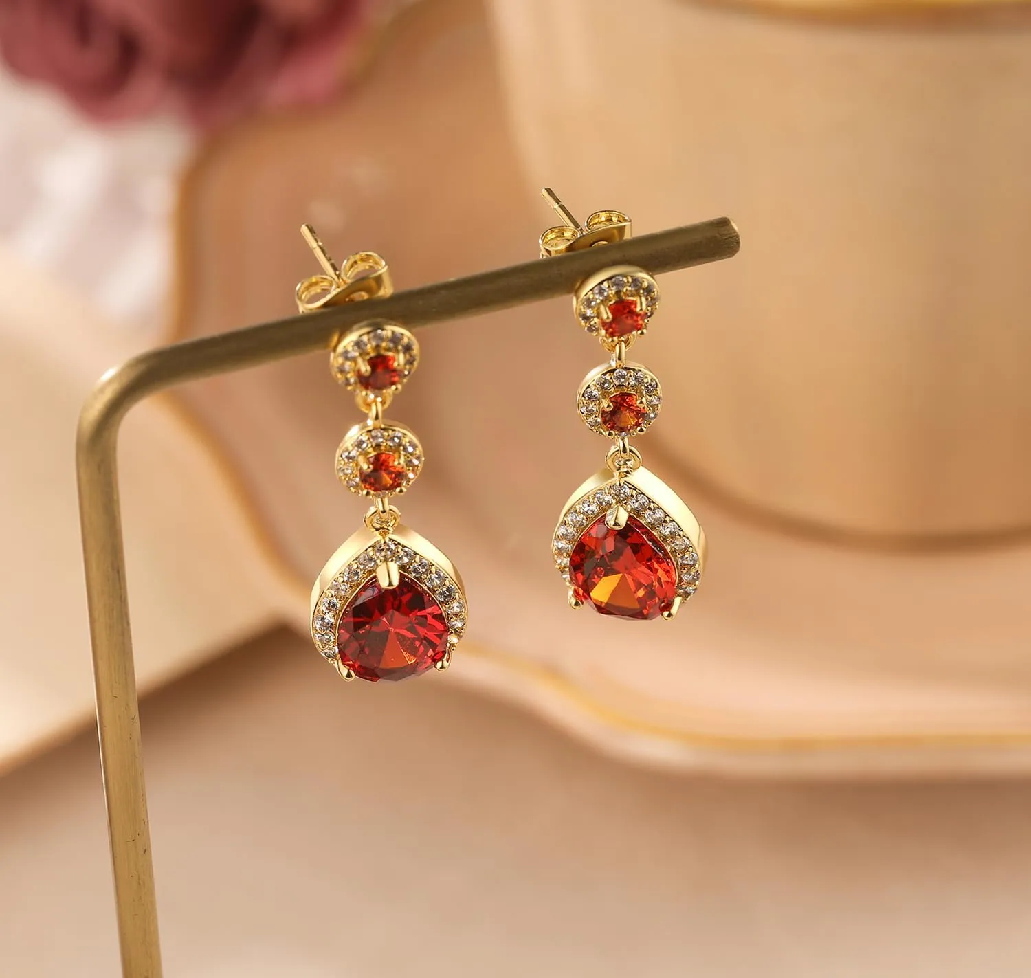 KAERUN Diamond Dangle Earrings for Women 14K Gold Plated Emerald Rhinestone Drop Earrings Red Crystal Chandelier Earrings Sapphire Cubic Zirconia Teardrop Earrings Gifts for Women Jewelry