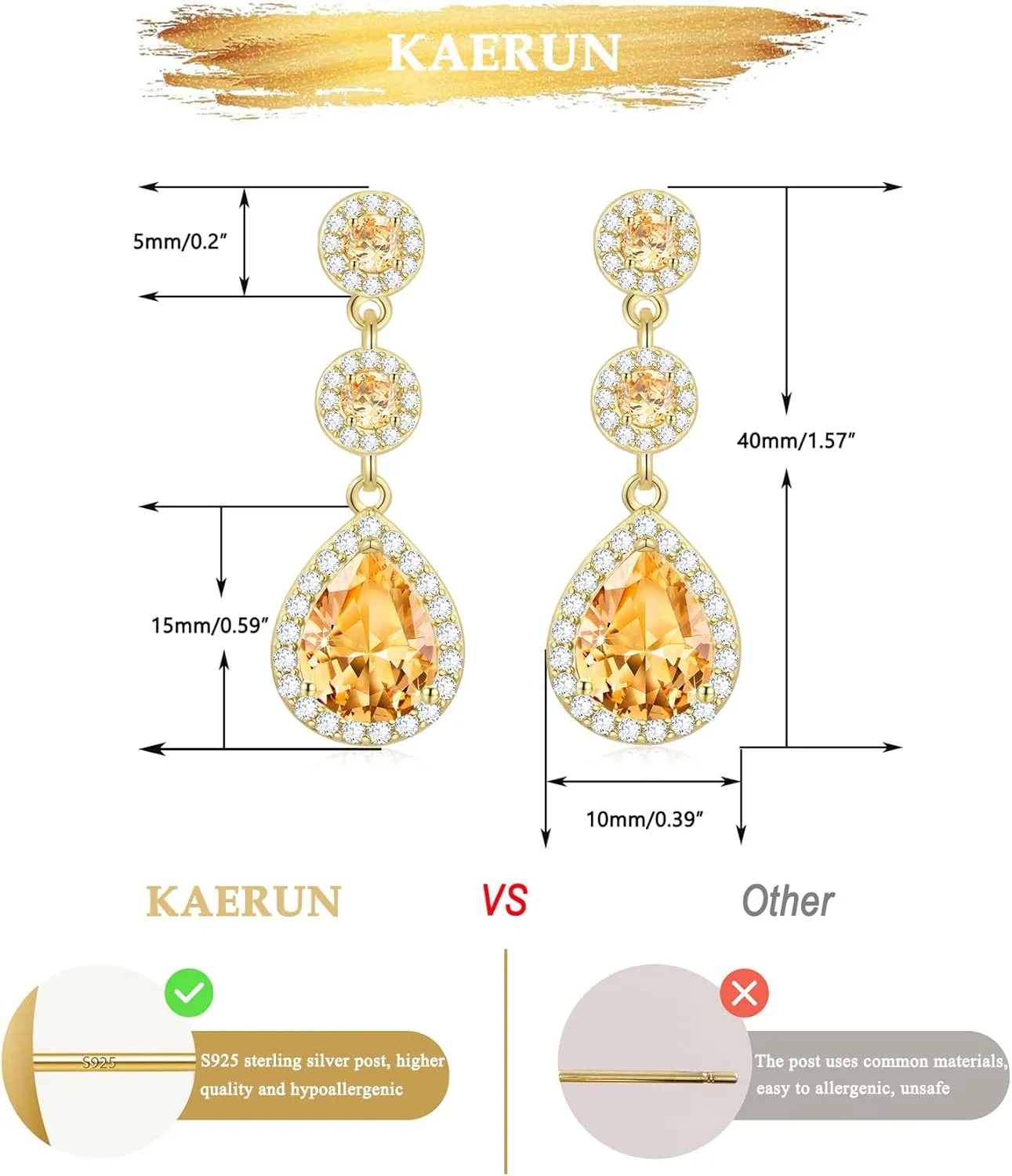KAERUN Diamond Dangle Earrings for Women 14K Gold Plated Emerald Rhinestone Drop Earrings Red Crystal Chandelier Earrings Sapphire Cubic Zirconia Teardrop Earrings Gifts for Women Jewelry